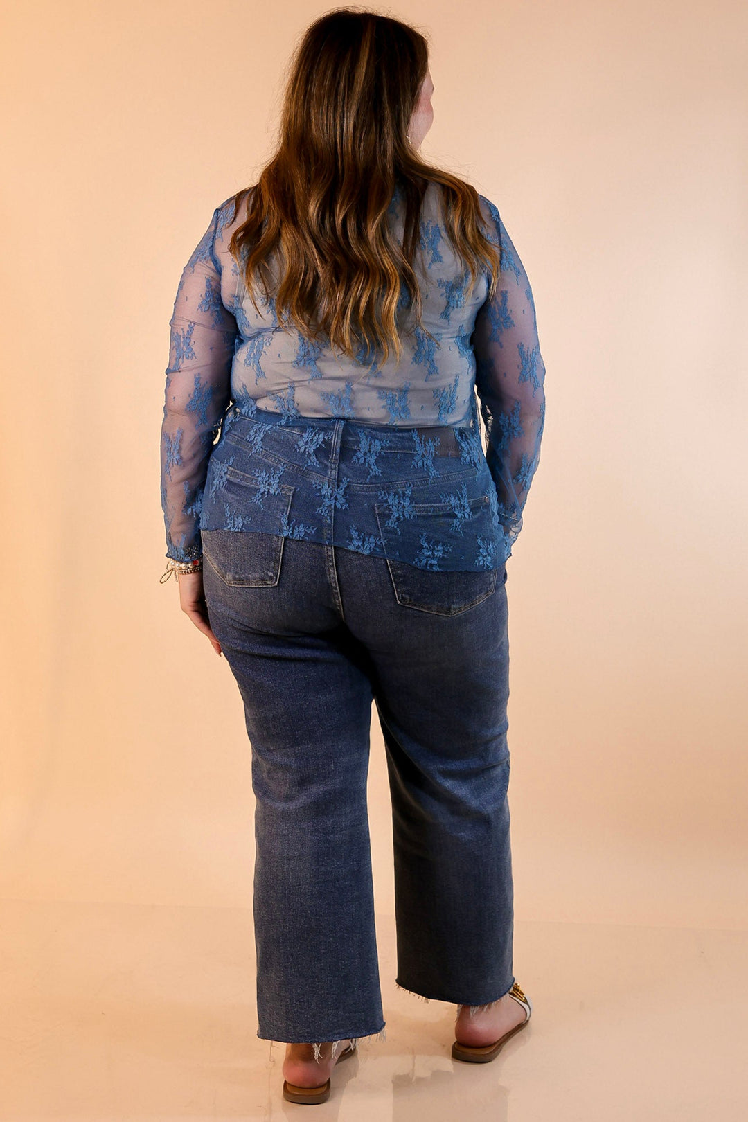 Delicate Charm Long Sleeve Sheer Lace Top with Mock Neck in Blue