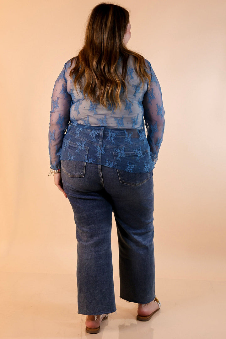 Delicate Charm Long Sleeve Sheer Lace Top with Mock Neck in Blue