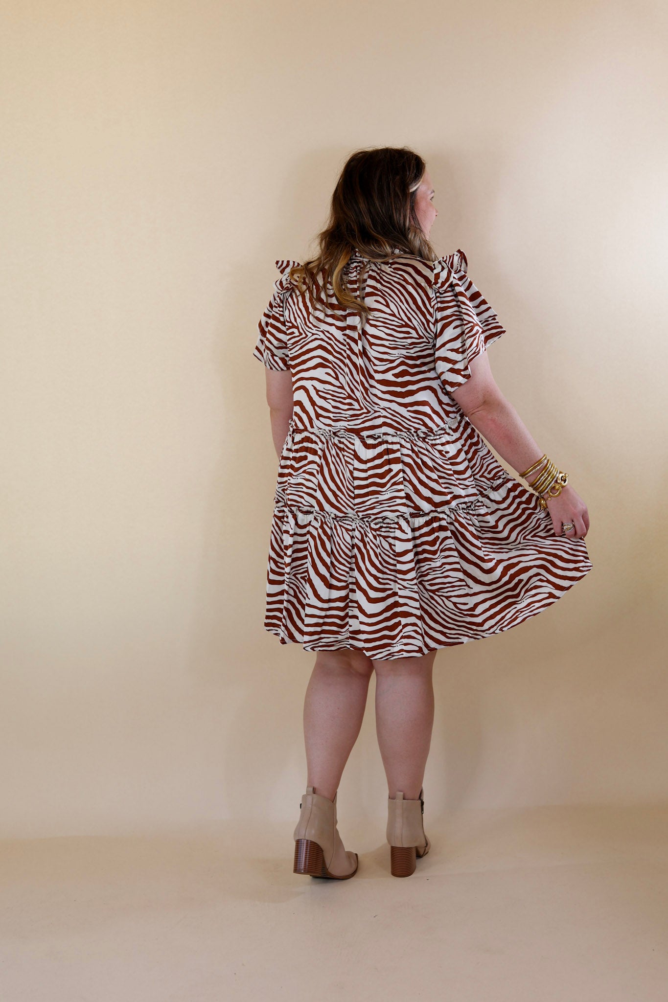 If You Dare Zebra Print Tiered Dress in Ginger Brown - Giddy Up Glamour Boutique