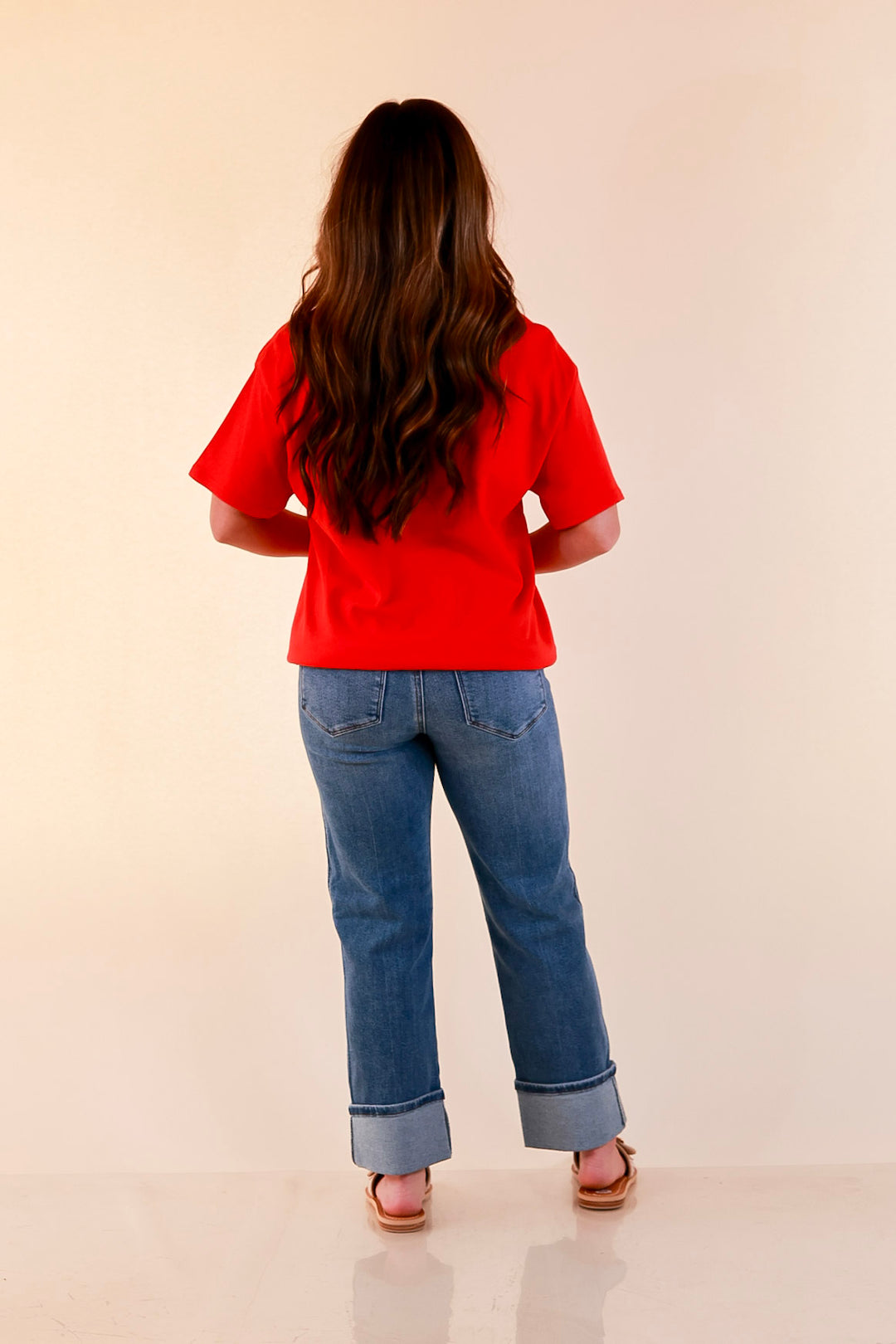 All American Darling USA Floral Flag Coquette Short Sleeve Graphic Tee with Bow Detailing in Red