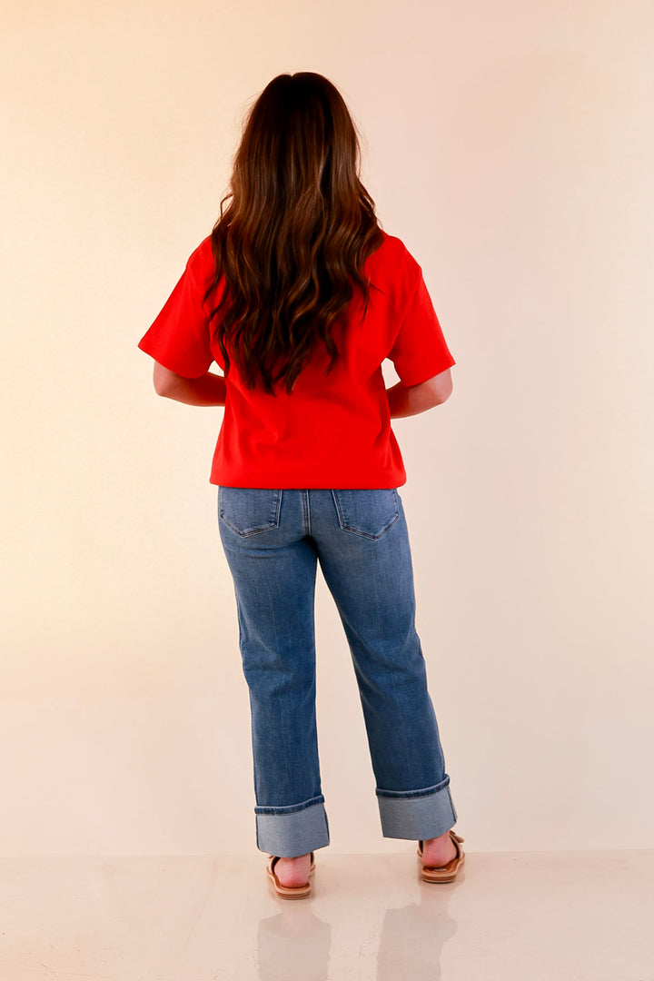 All American Darling USA Floral Flag Coquette Short Sleeve Graphic Tee with Bow Detailing in Red