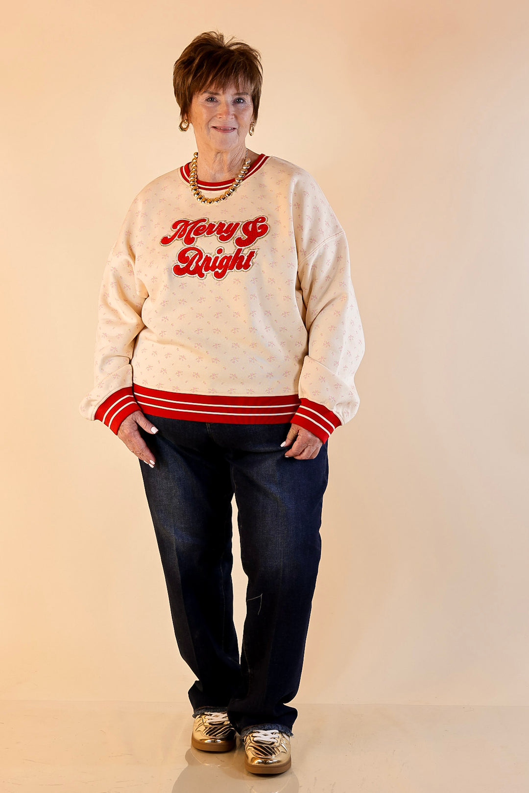Simply Southern | Holiday Cheer Club Merry & Bright Floral Varsity Sweatshirt in Ivory