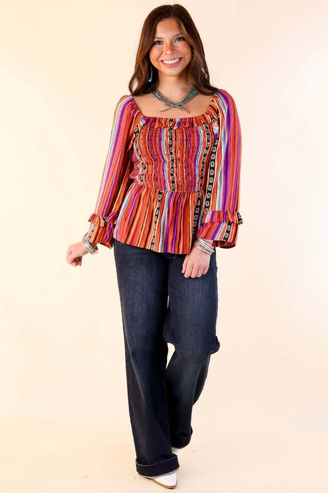 Blissful Break Serape Print Peplum Top with Smocked Bodice in Rust Orange Mix