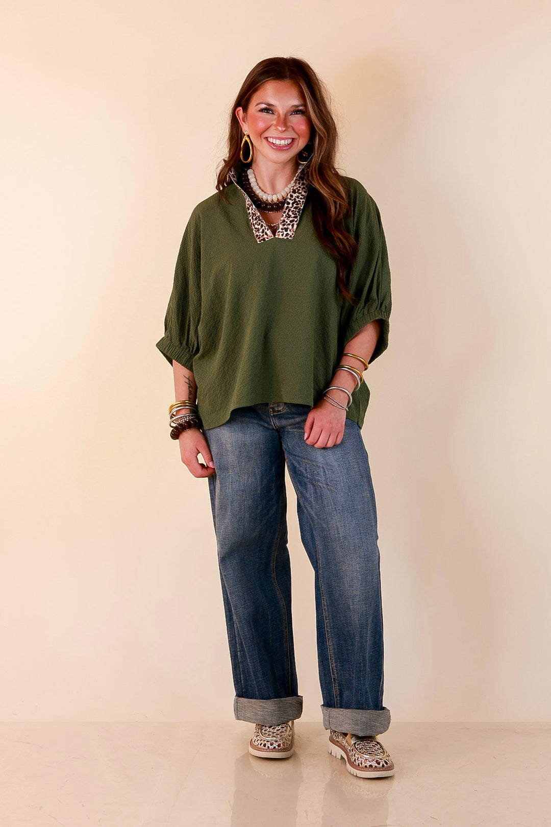 Naturally Chic Textured Poncho Top with Leopard Trim Details and Dolman Sleeves in Olive Green