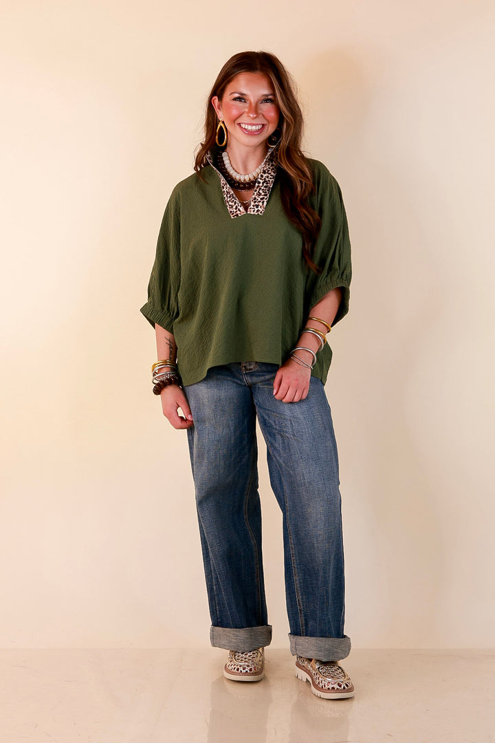 Naturally Chic Textured Poncho Top with Leopard Trim Details and Dolman Sleeves in Olive Green