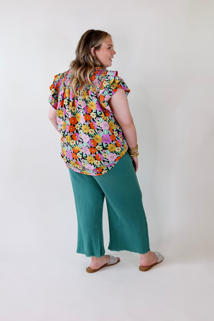 Pretty Days Floral Notched Neckline Top in Black - Giddy Up Glamour Boutique