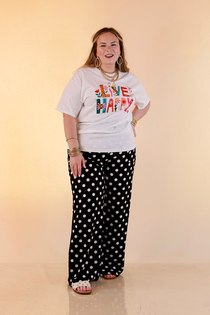 Happiness on Repeat "Live Happy" Floral Print Short Sleeve Graphic Tee in White