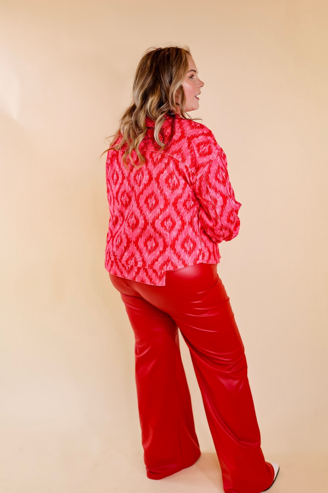 New In Town Mosaic Print Corduroy Jacket in Pink and Red - Giddy Up Glamour Boutique