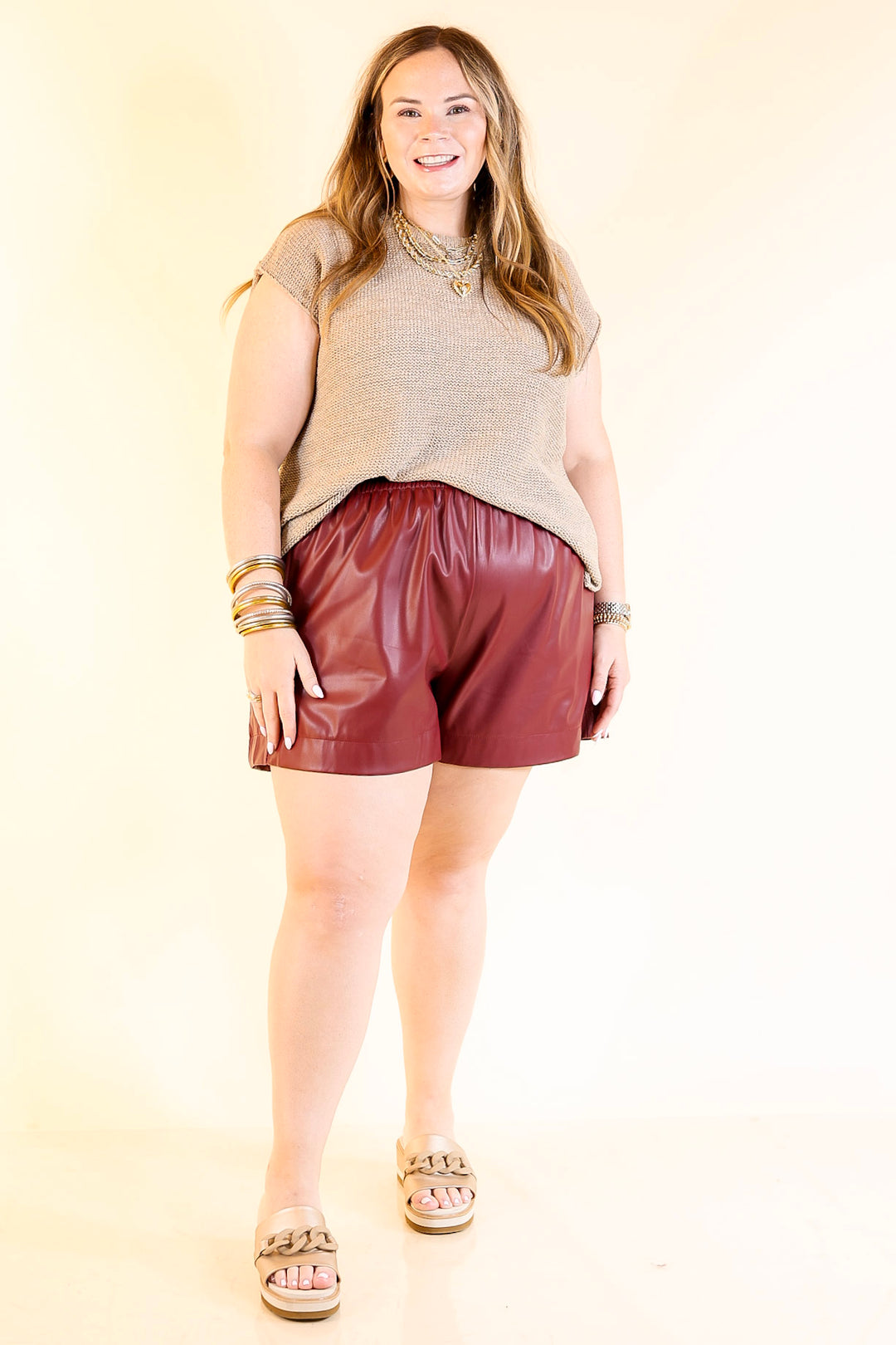 Making a Statement Faux Leather Shorts in Garnet Red