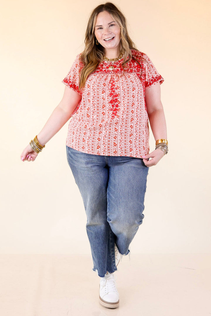 Sunny Day Floral Print Top with Red Floral Embroidery in Off White