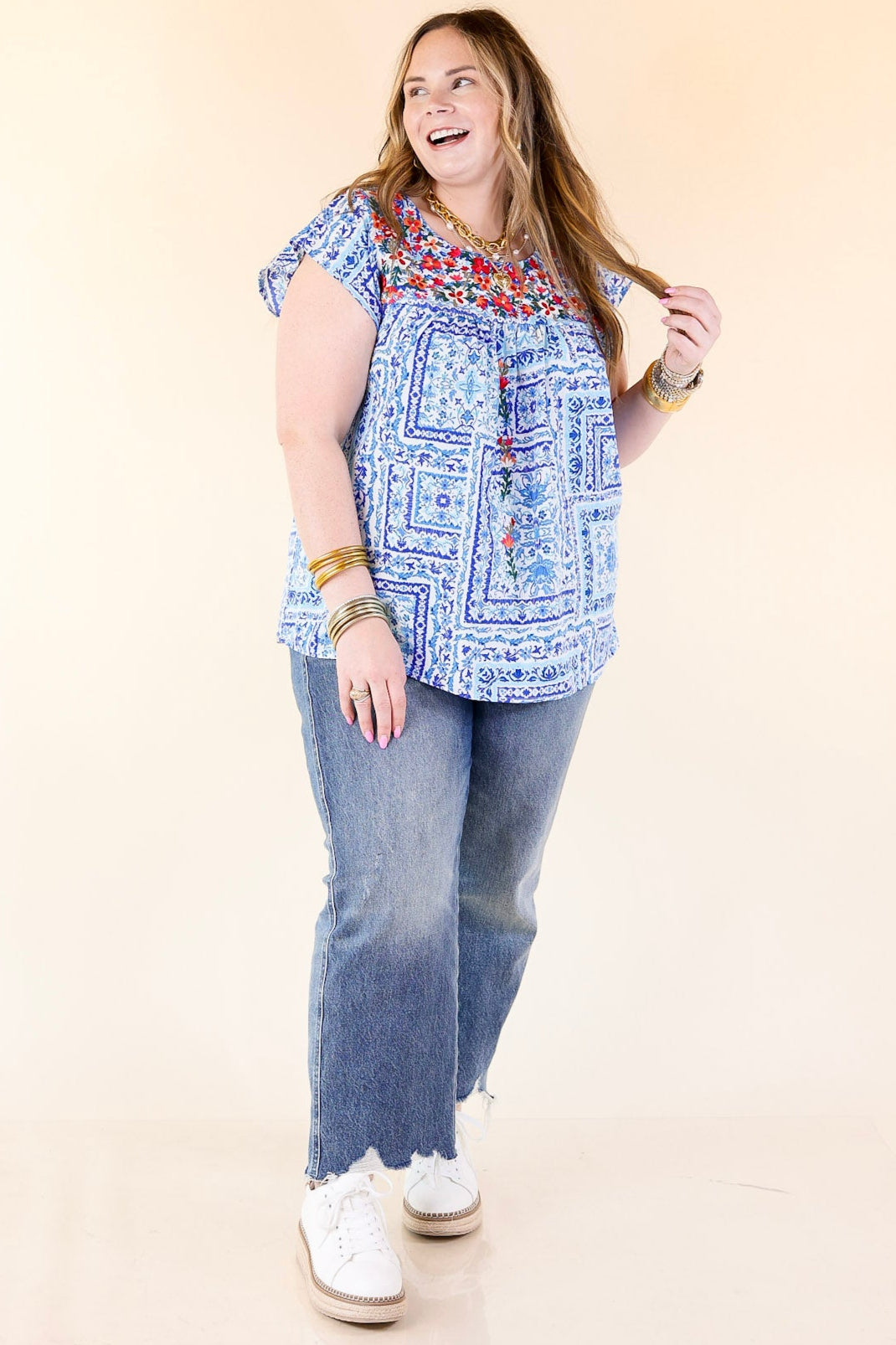 Lajitas Lady Floral Embroidered Babydoll Top in Blue and White