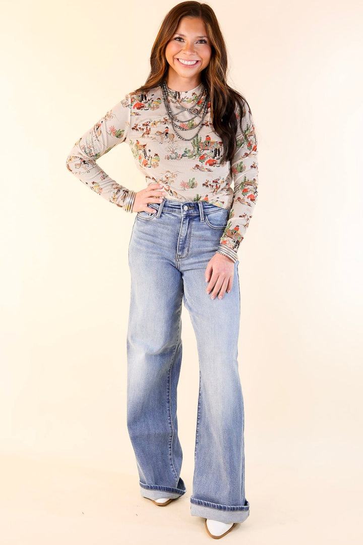 Western Dream Mesh Long Sleeve Top with Retro Western Print in Tan