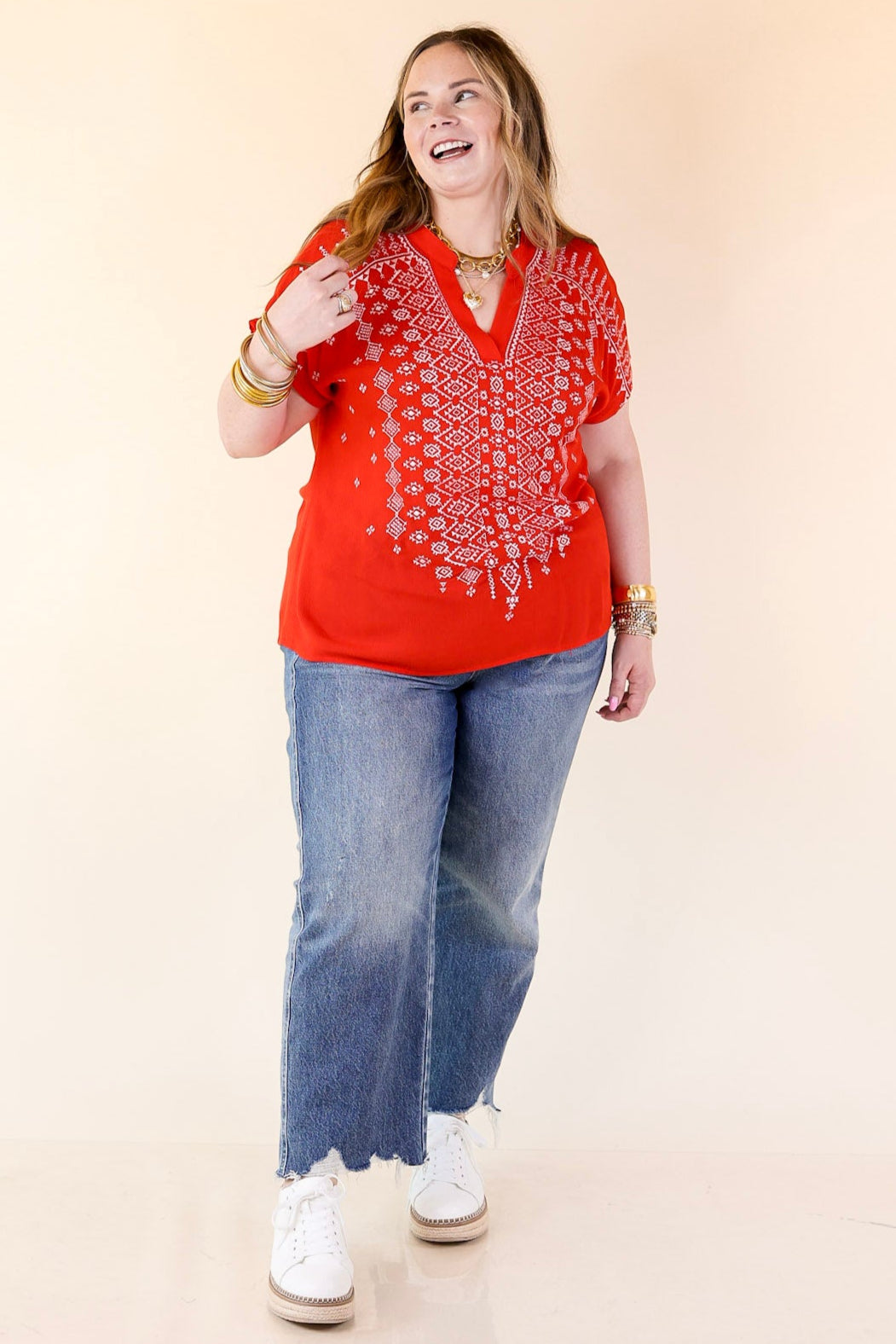 Fredericksburg Feeling Embroidered Short Sleeve Notched Neck Top in Red