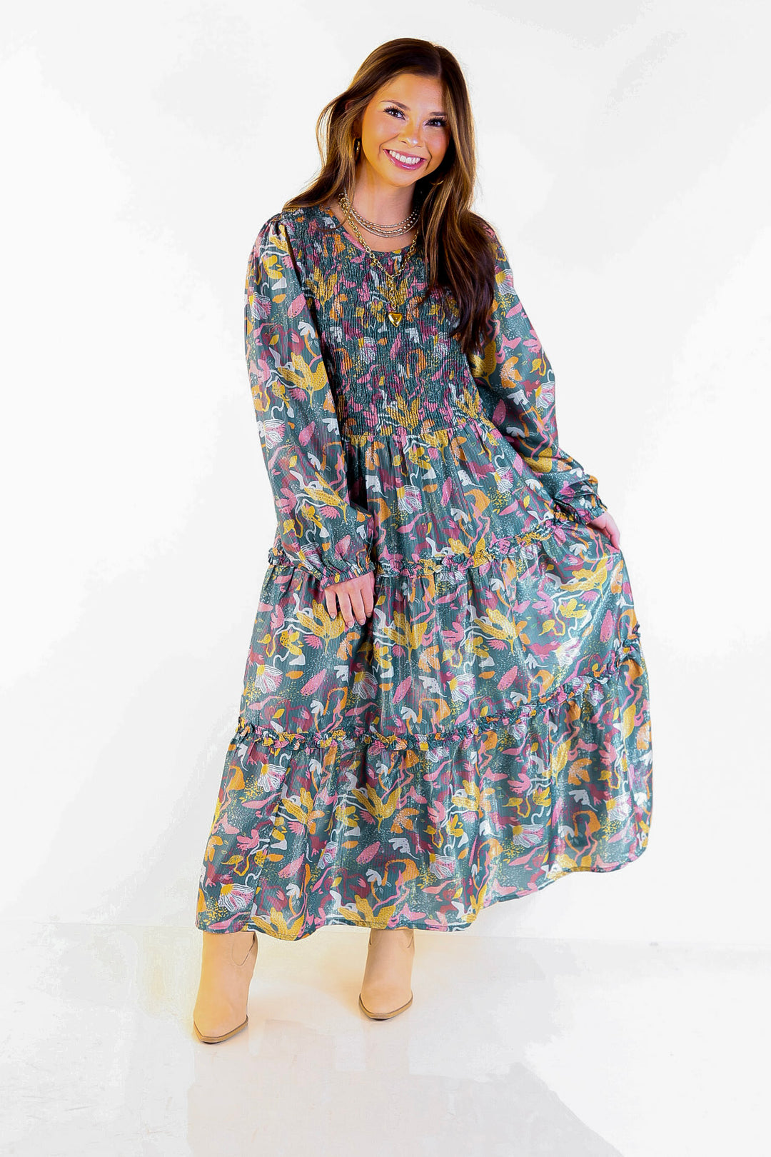 Mud Pie | Shaffer Smocked Bodice Long Sleeve Midi Dress with Tiered Skirt in Blue Mix