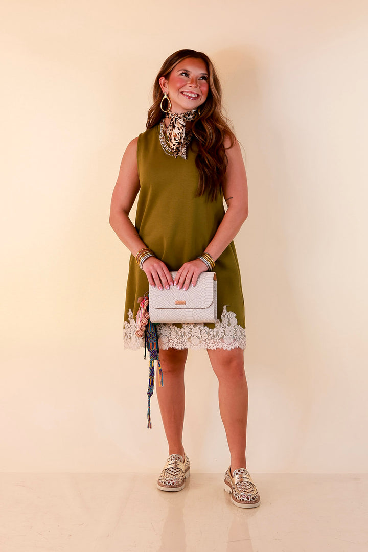 Just a Little Something Sleeveless Knit Mini Dress with Lace Trim in Chartreuse Olive Green