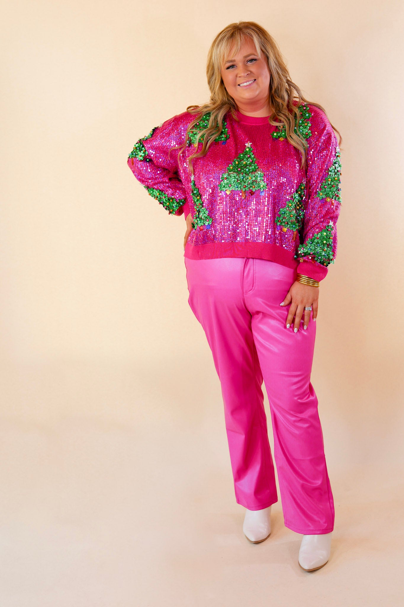 Queen Of Sparkles | Full Sequin Graphic Christmas Tree Sweater in Pink - Giddy Up Glamour Boutique