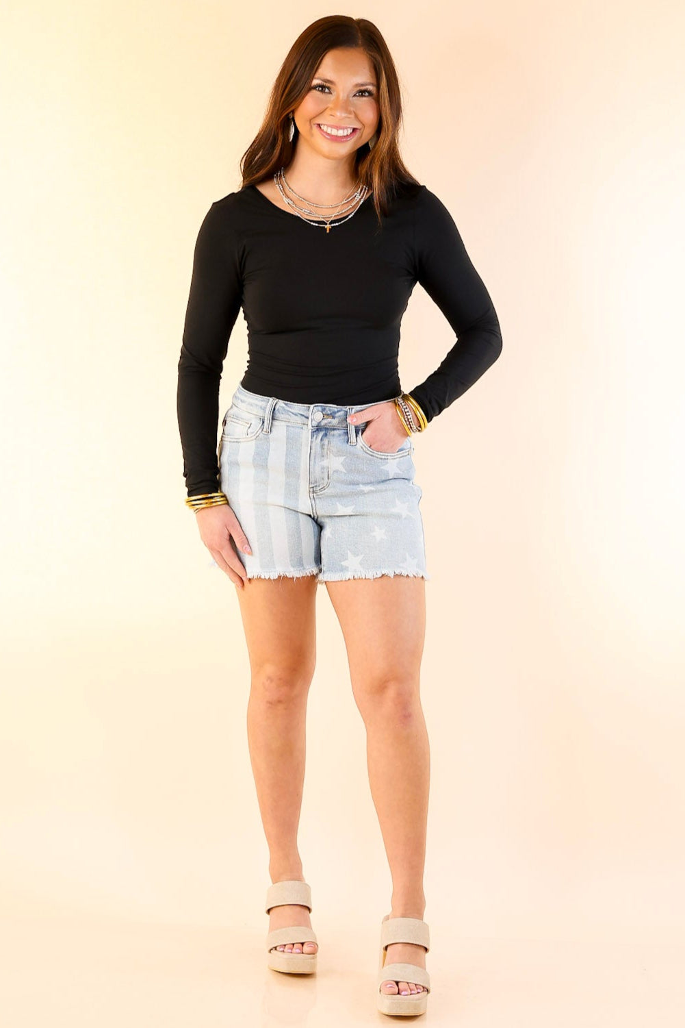 Judy Blue | All American Fray Hem Shorts with Bleached Stars and Stripes Design in Light Wash