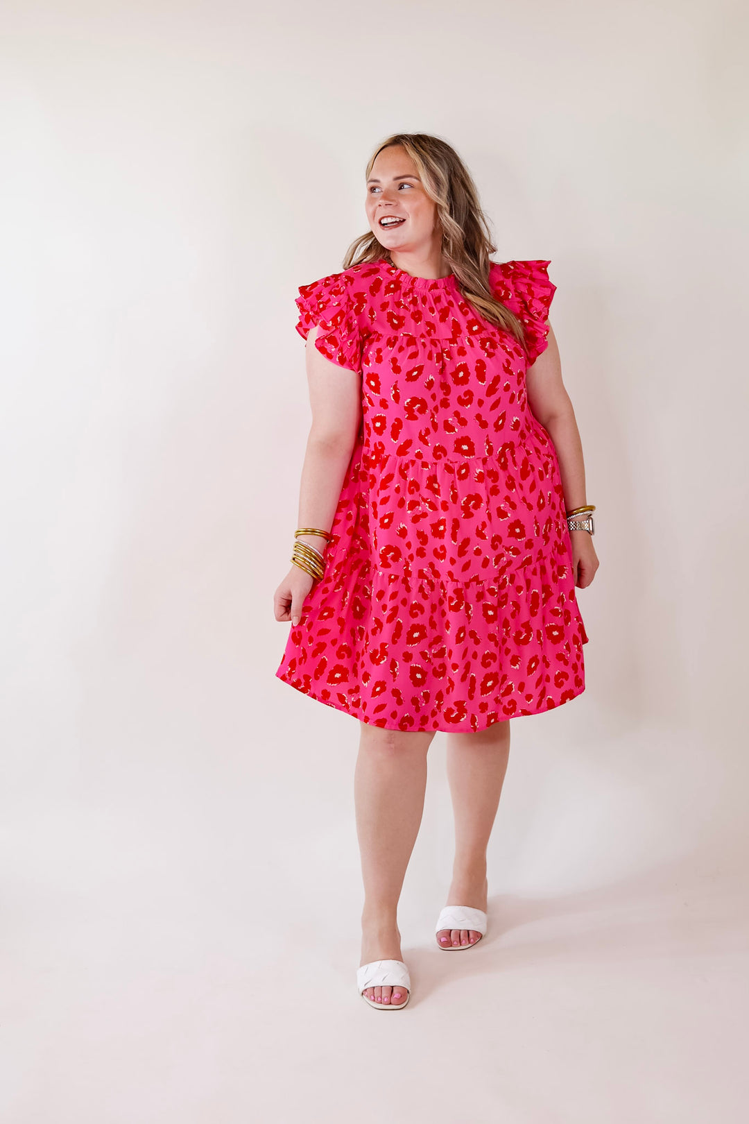 Daring and Delightful Leopard Print Dress with Ruffle Cap Sleeves in Pink - Giddy Up Glamour Boutique