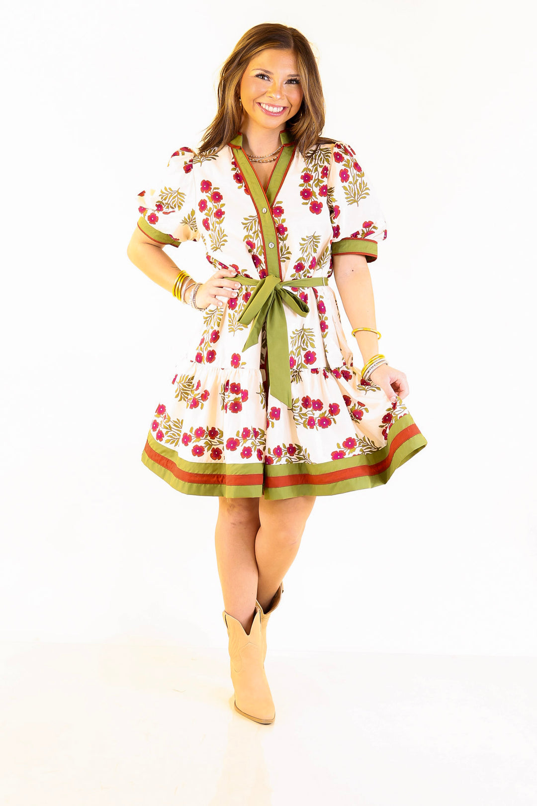 Garden Party Floral Dress with Dropped Skirt and Olive and Maroon Trim in Cream