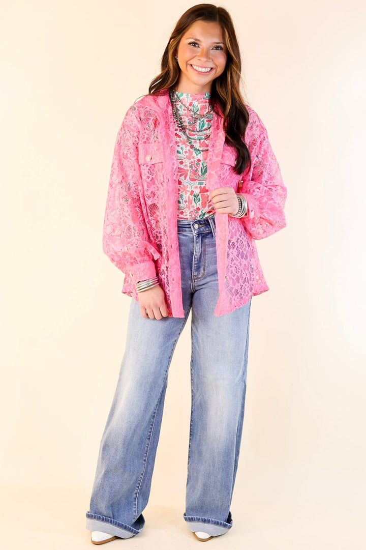 Sheer Chic Collared Button Up Lace Top in Pink Cosmos