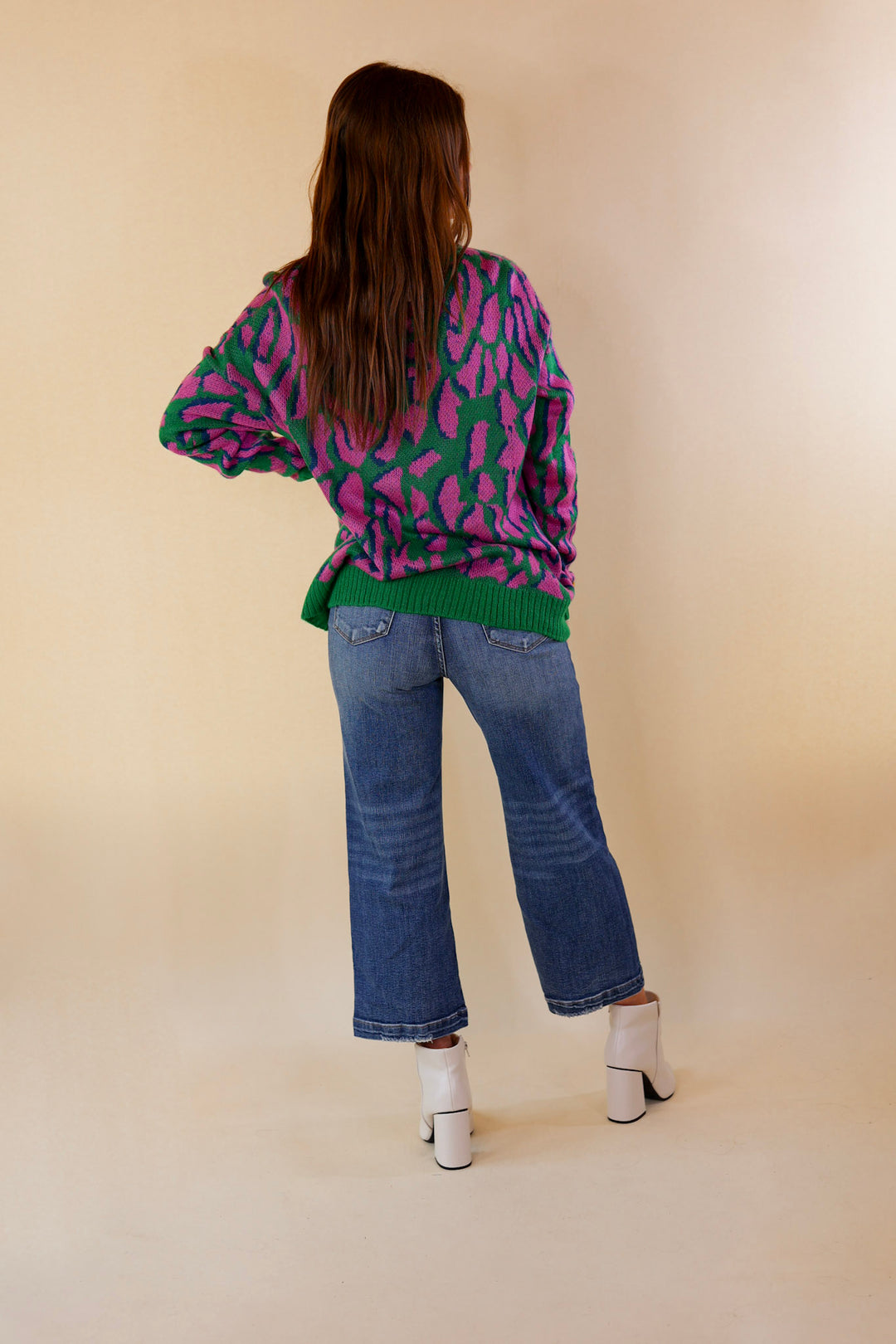 No Hesitation Animal Print Long Sleeve Sweater in Green and Purple - Giddy Up Glamour Boutique