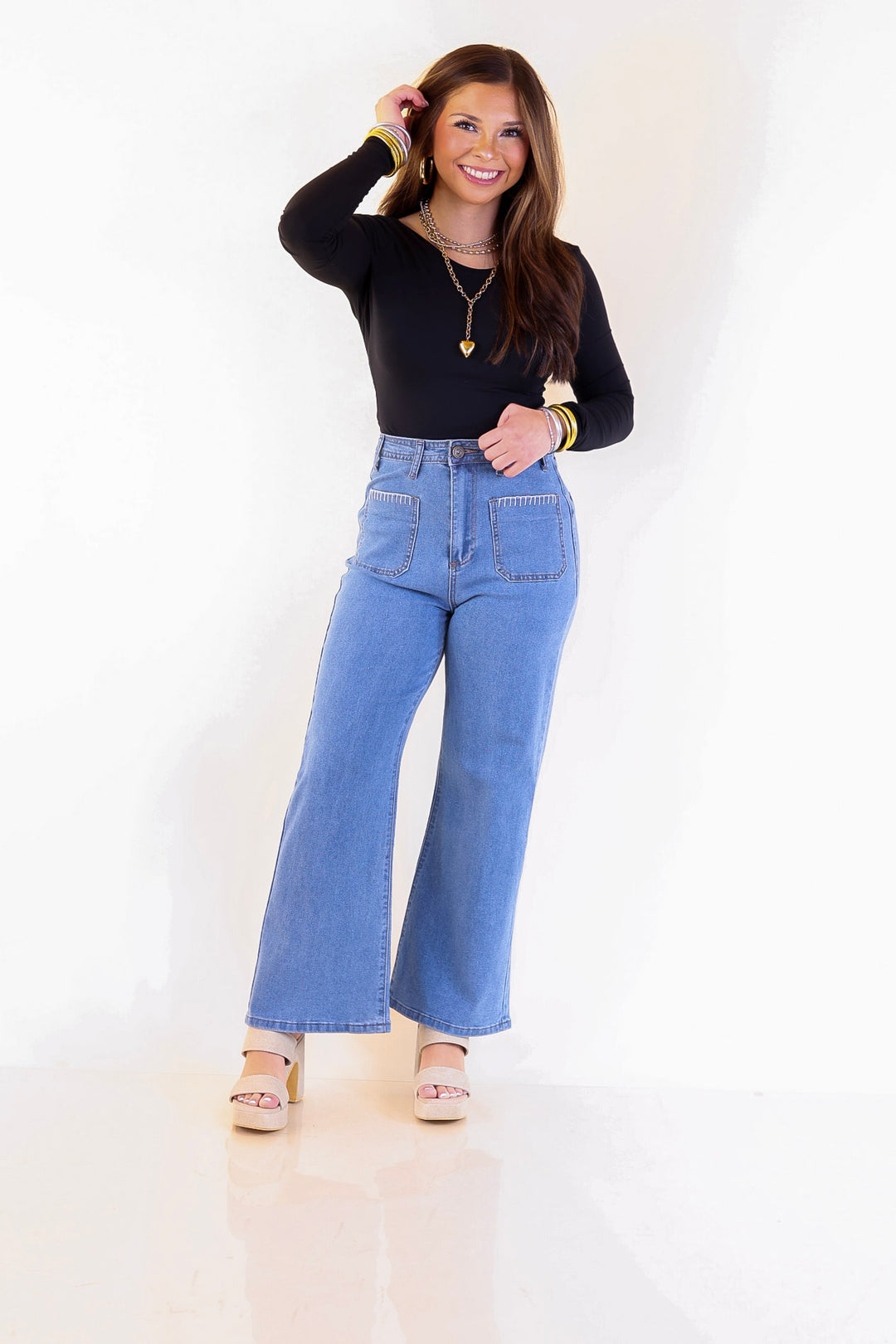 Patch Me In Denim Wide Leg Cropped Jean with Front Patch Pocket and Crochet Trim in Medium Wash
