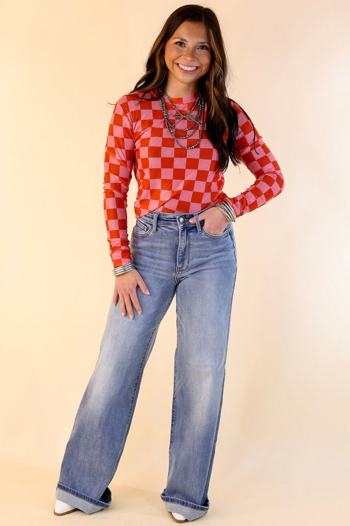 Western Dream Checkered Mesh Long Sleeve Top in Pink and Red