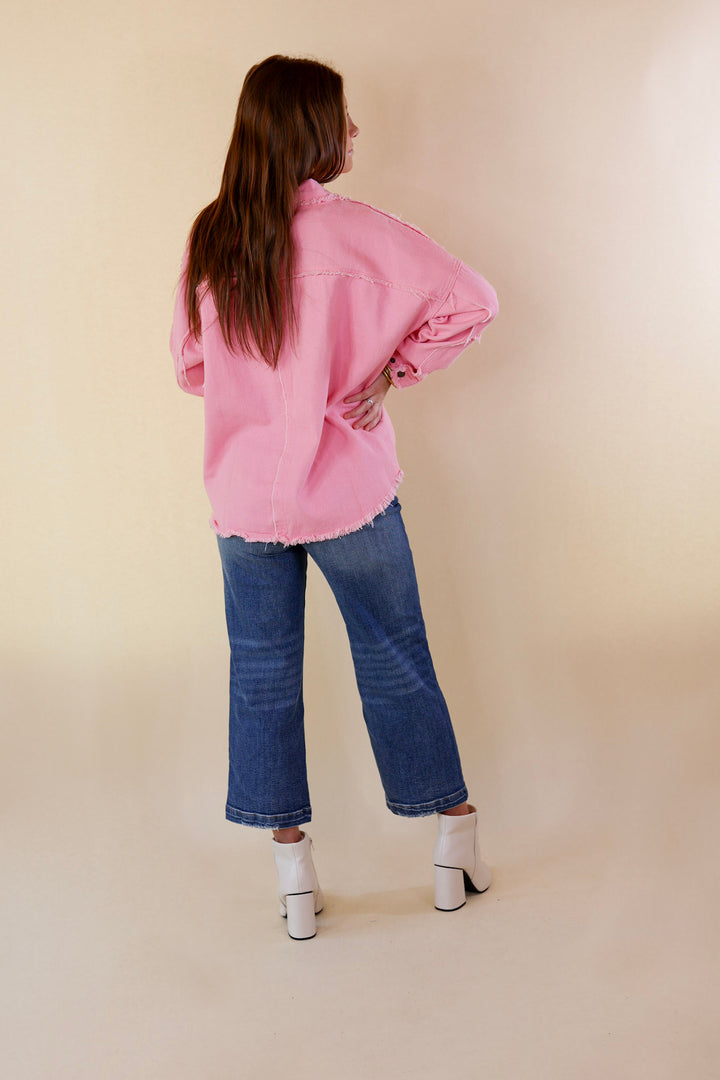 Not A Secret Fringe Button Up Jacket with Raw Hem in Electric Pink - Giddy Up Glamour Boutique