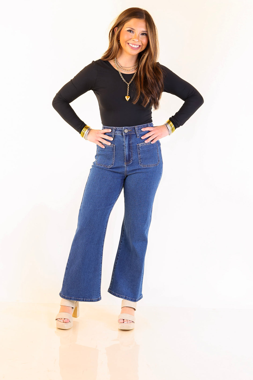 Patch Me In Denim Wide Leg Cropped Jean with Front Patch Pocket and Crochet Trim in Dark Wash