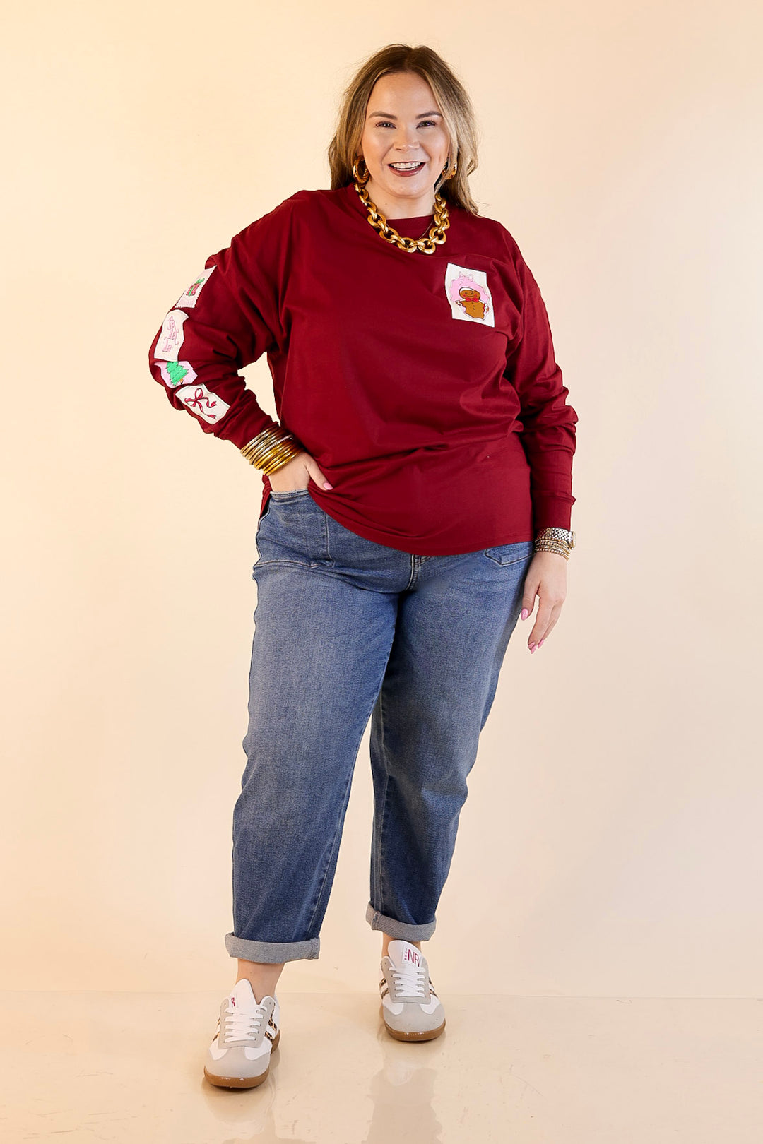 Simply Southern | Merry Mail Holiday Stamps Long Sleeve Graphic T-Shirt in Maroon