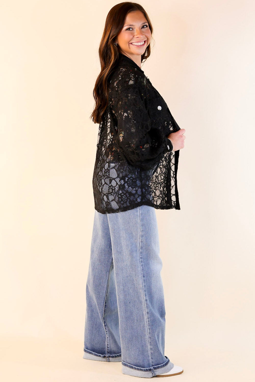 Sheer Chic Collared Button Up Lace Top in Black
