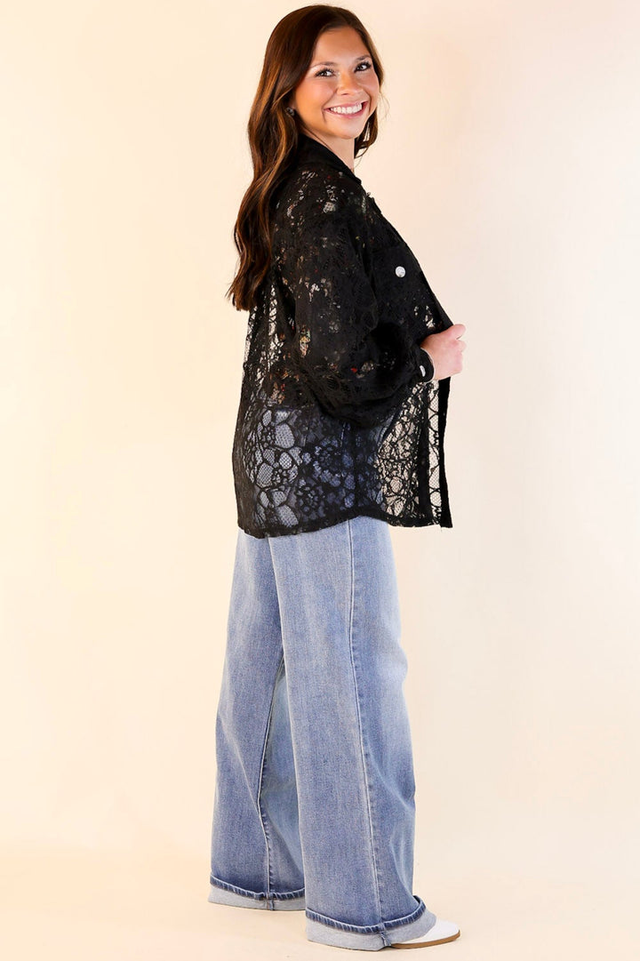 Sheer Chic Collared Button Up Lace Top in Black