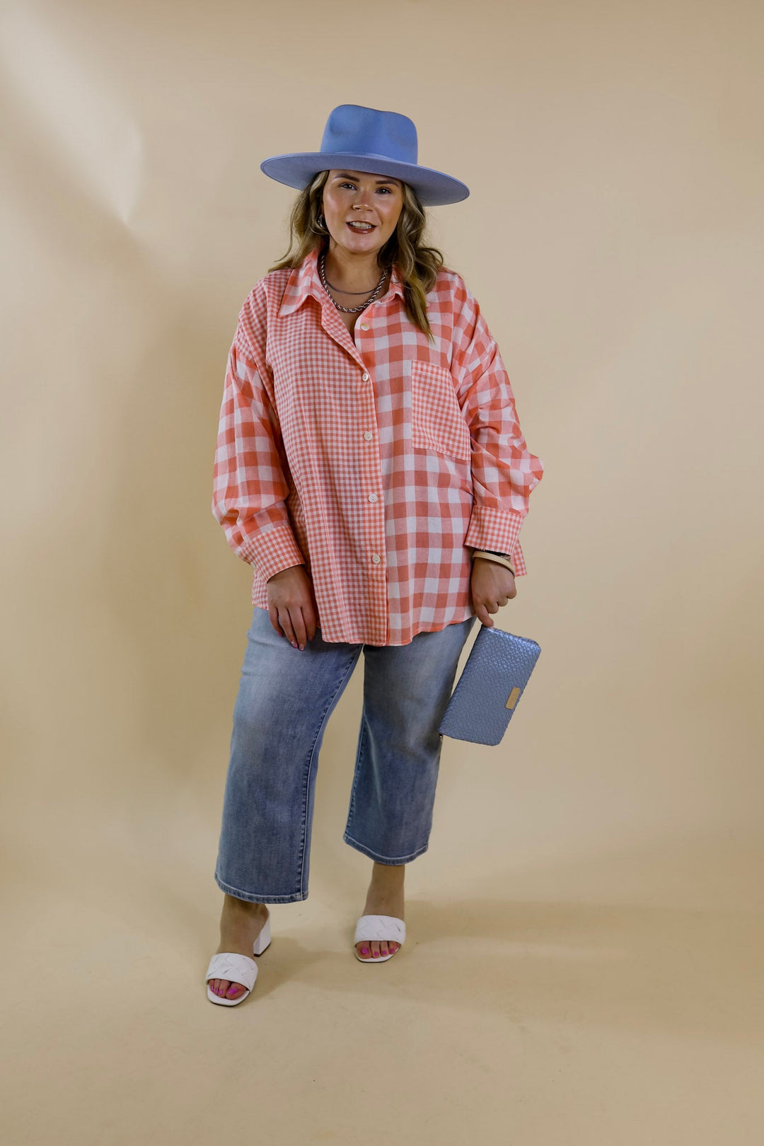 Waiting For You Mix Plaid Button Up Top in Coral Orange - Giddy Up Glamour Boutique