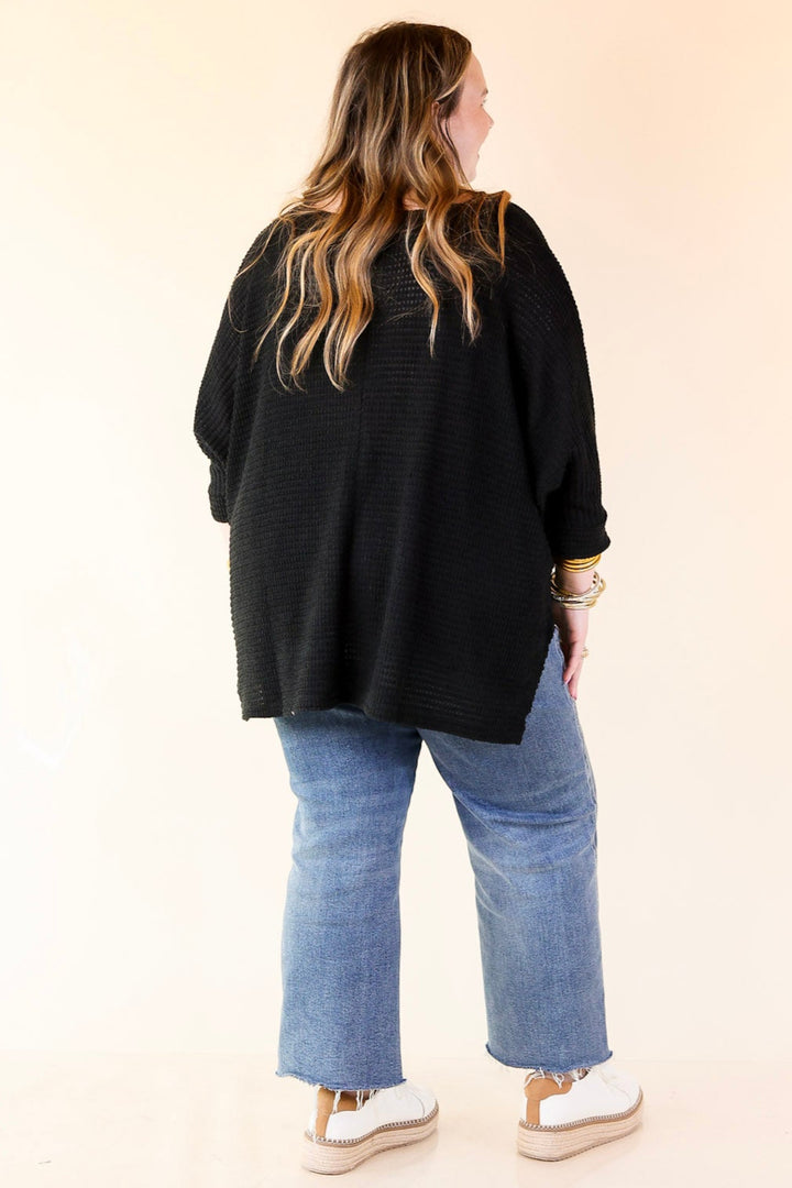 Breezy Intuition 3/4 Cuffed Sleeves Waffle Net Blouse In Black