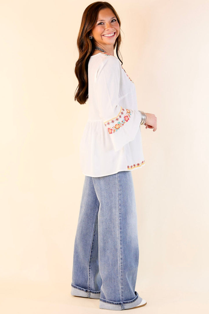 Joyous Moments 3/4 Bell Sleeve Embroidered Babydoll Top in White