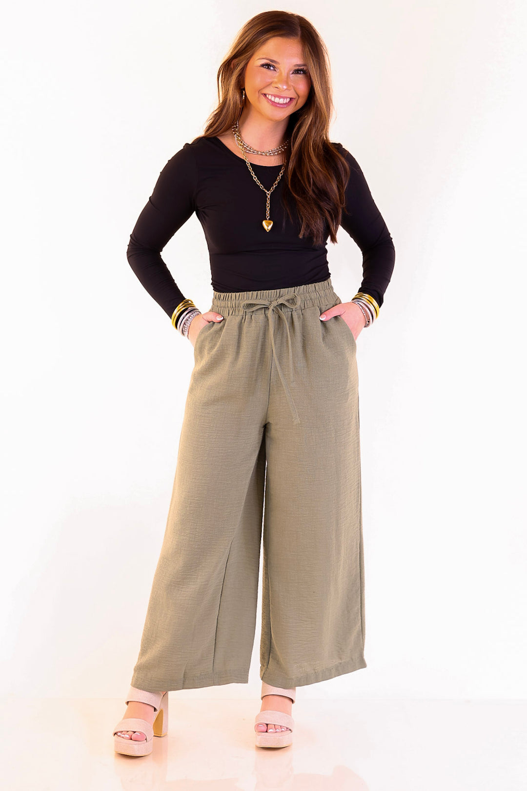 On Repeat Cropped Drawstring Woven Pants in Olive Green