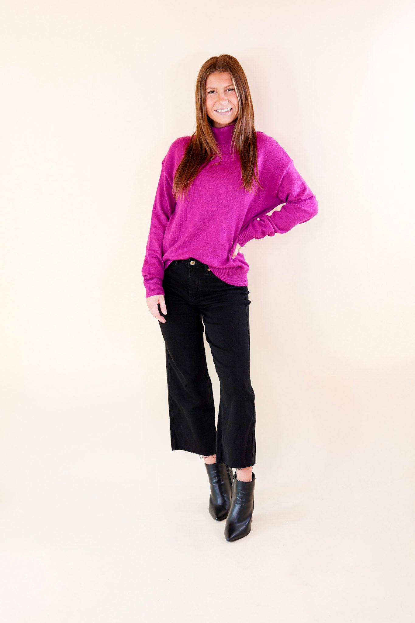 Chilly Days Ahead Turtle Neck Sweater with Long Sleeves in Magenta - Giddy Up Glamour Boutique