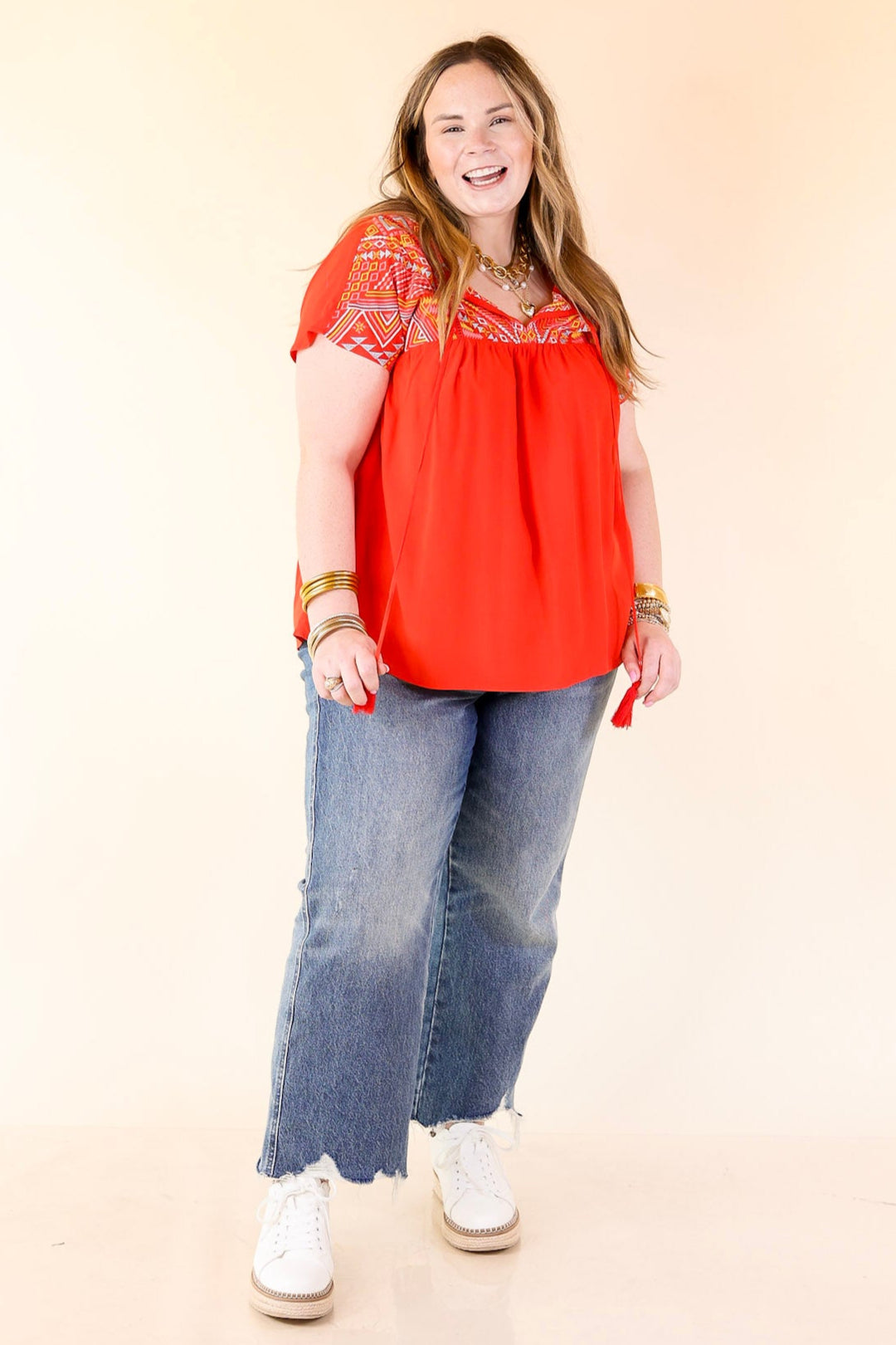 Forgotten Paradise Embroidered Top with Front Tie in Red