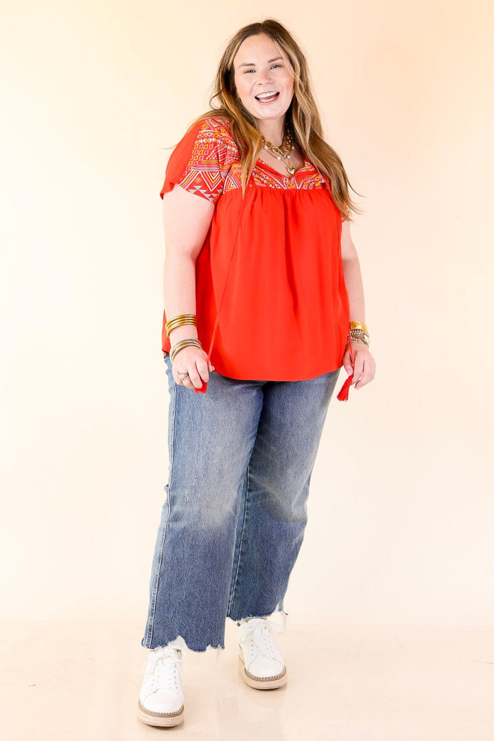 Forgotten Paradise Embroidered Top with Front Tie in Red