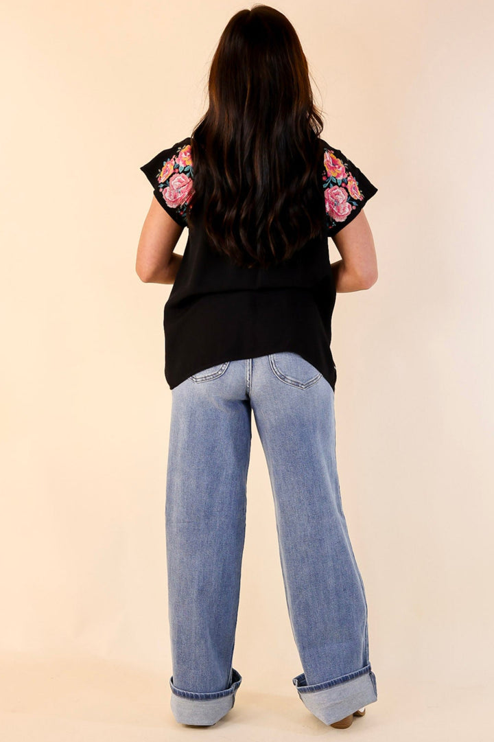 On A Journey Floral Embroidered V Notched Blouse in Black