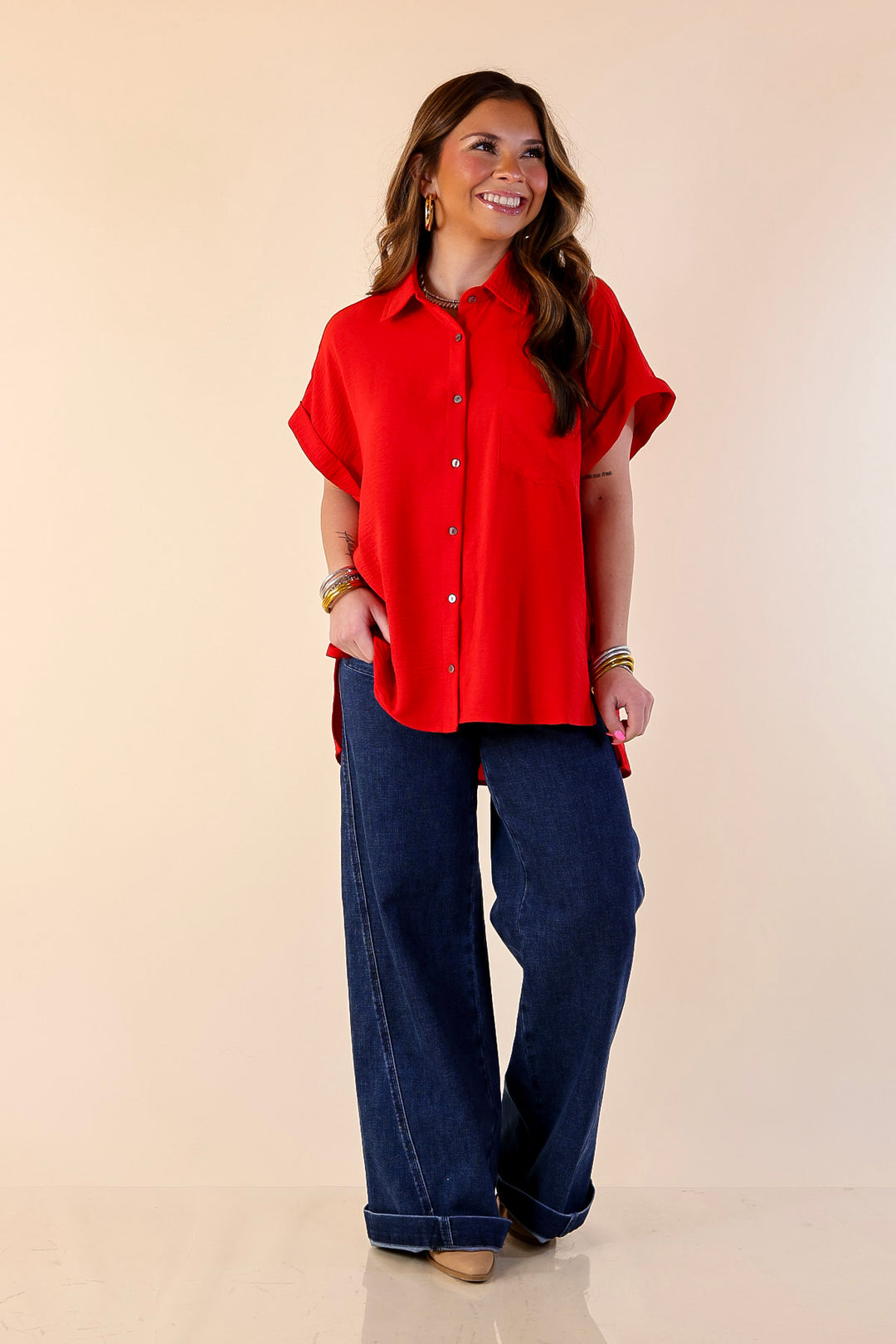 Timeless Appeal Collared Button Up Top in Red