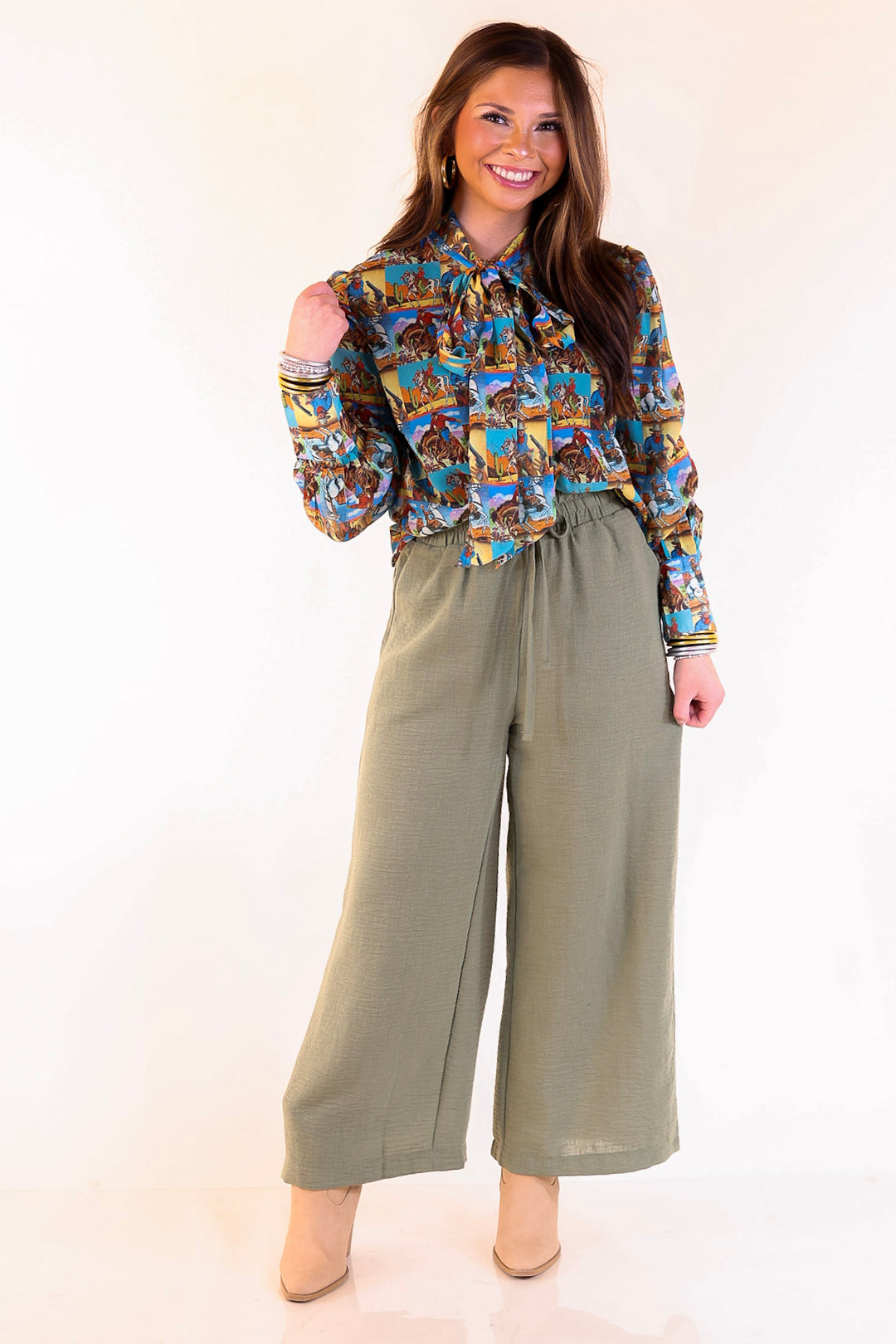 Wild at Heart Bowtie Button Up Collared Mesh Blouse Top with Cowboy Pop Art Print in Blue