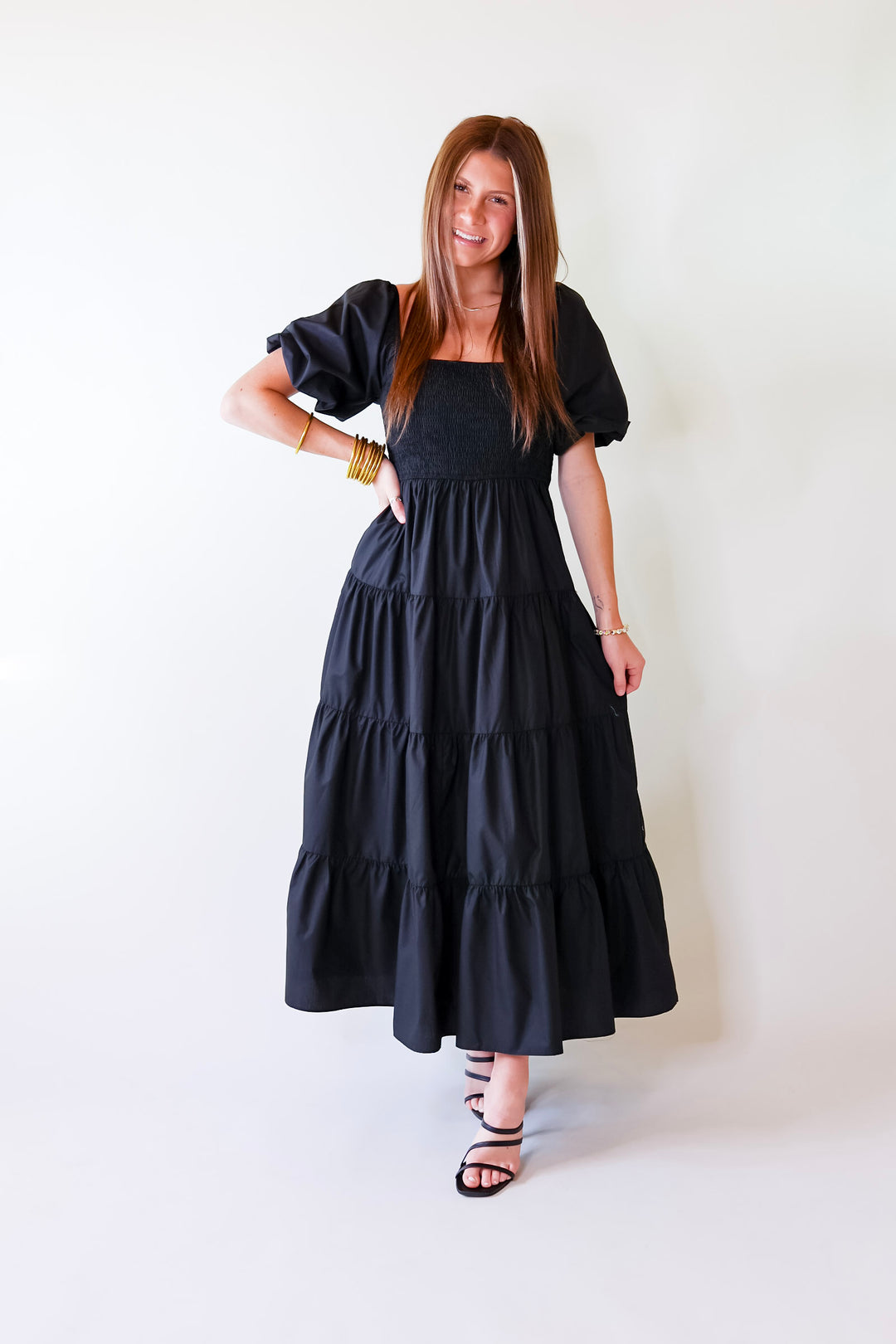 Santorini Sunshine Short Balloon Sleeve Maxi Dress in Black - Giddy Up Glamour Boutique