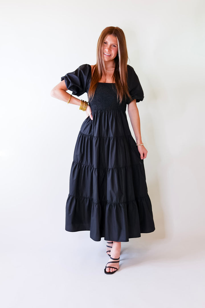 Santorini Sunshine Short Balloon Sleeve Maxi Dress in Black - Giddy Up Glamour Boutique