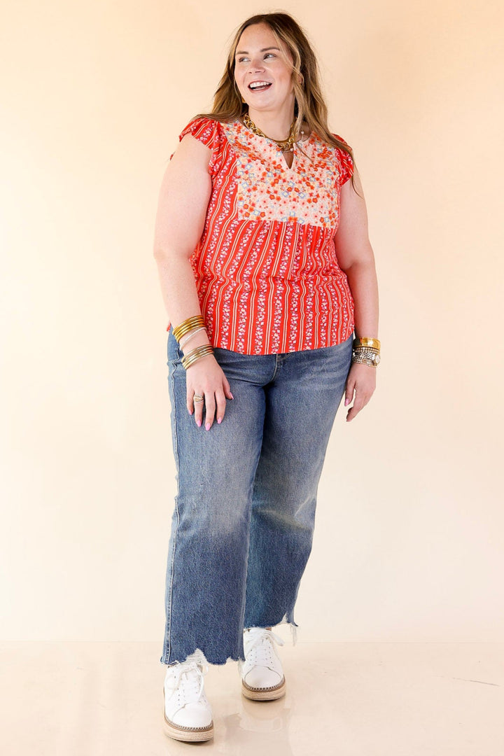 Sweet Reminder Floral and Stripe Print Top with Embroidered Yoke in Red