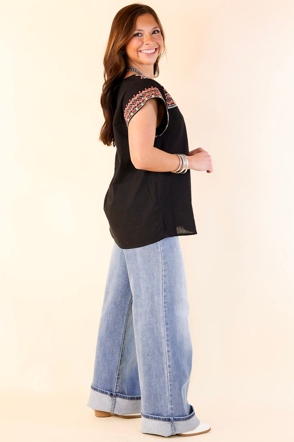 Take A Trip Multi Color Embroidered Cap Sleeve Top in Black