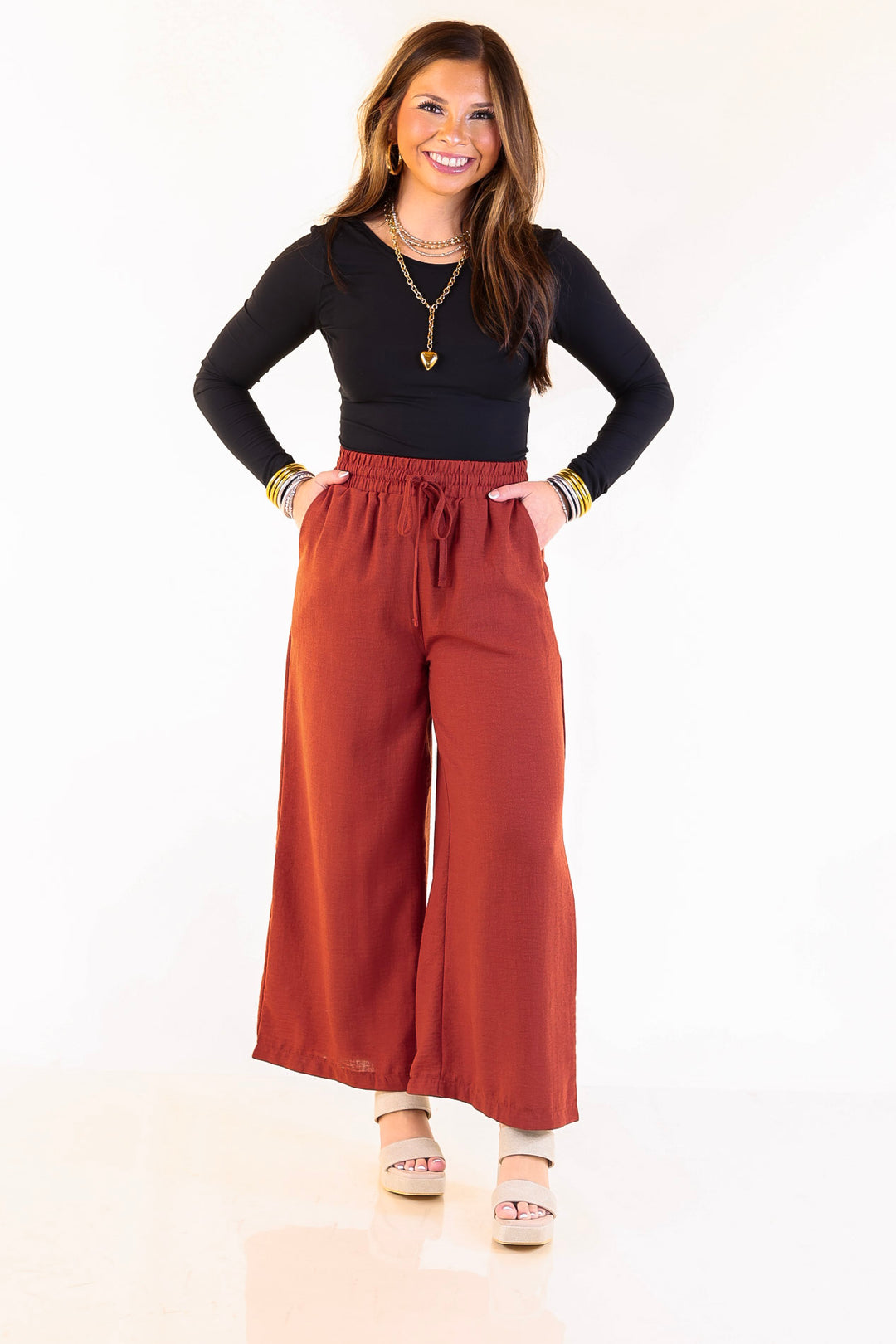 On Repeat Cropped Drawstring Woven Pants in Rust Orange