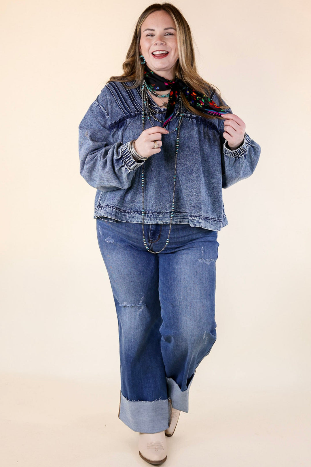 Western Soul Long Sleeve V Neck Denim Top in Medium Wash