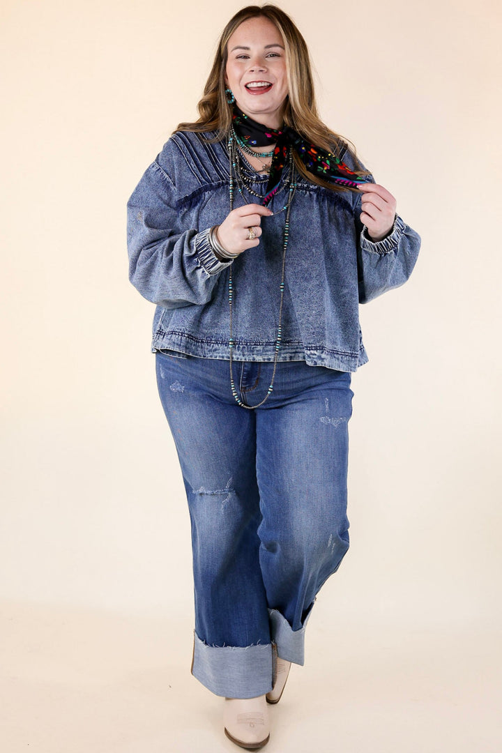 Western Soul Long Sleeve V Neck Denim Top in Medium Wash