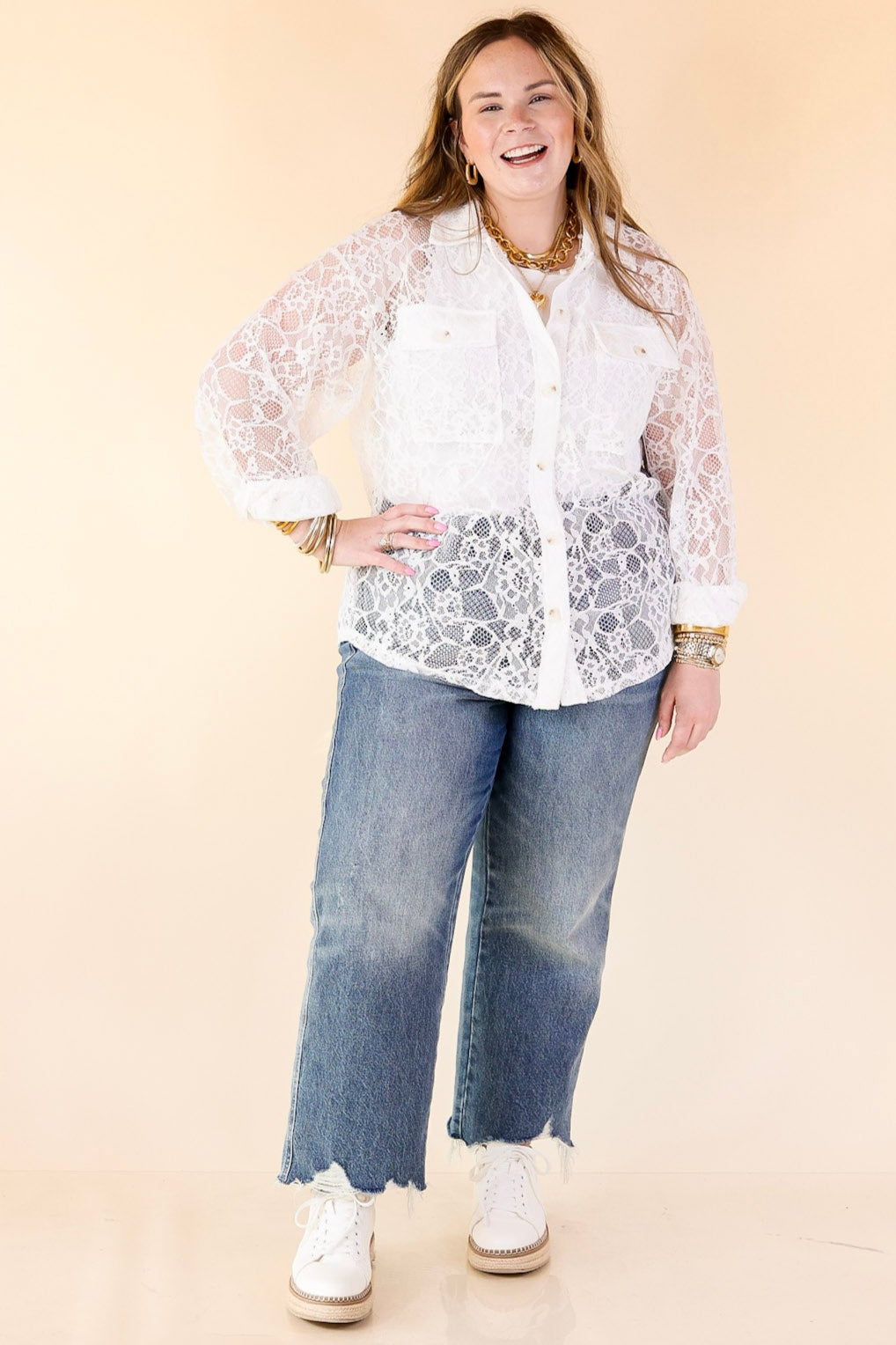 Sheer Chic Collared Button Up Lace Top in White